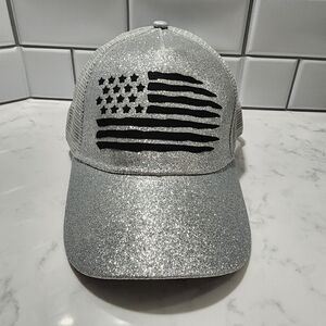 American Flag Silver Glitter Ponytail Hat